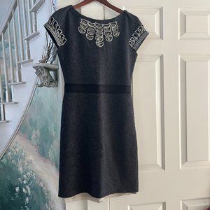 NWT Tory Burch charcoal gray sequined wool dress with nude sheer slip lining.